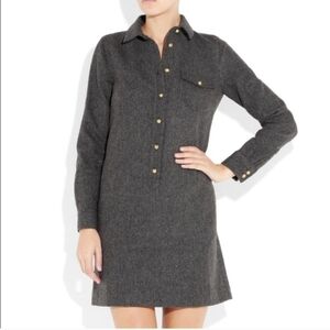 J. Crew Wool Gray Herringbone Shirt Dress w/ Gold Buttons, Size 0